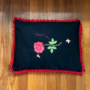 Vintage Handmade "Sweet as a Rose" Black Pillow with Red Pom Pom Trim Border
